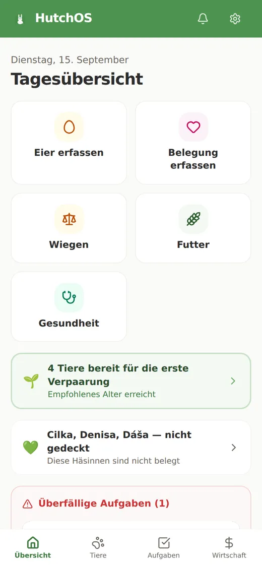 Tagesübersicht in HutchOS mit Hinweis auf einen bevorstehenden Wurf und den heutigen Aufgaben