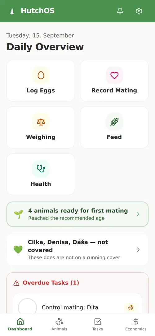 HutchOS daily overview showing an upcoming kindling alert and today’s tasks